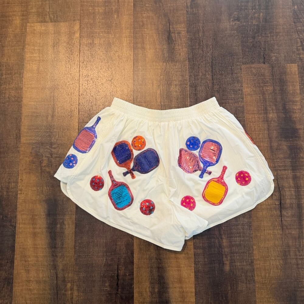 Queen of Sparkle Pickleball Sequin Athletic Running Shorts White Size Medium - Picture 5 of 10